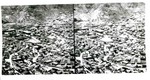 A bird's-eye view of Bisbee from the hills above Brewery Gulch. The old High School is shown in the upper right of the photograph. It also shows Brewery Gulch, OK Street, and the edge of the Glory Hole. It is a stereograph, circa 1913-1920.
