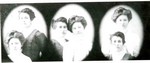 Three poses of studio portraits of Anne and Elizabeth Parker; Anne is in the dark dress and Elizabeth is in the white dress.