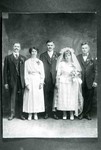 Studio portrait of a wedding party, 1922. Left to right: Pete Prodanovich, Ruzar Scraich(?), Achim Bugen, Militza Andrich (bride), and Chris Bugen.